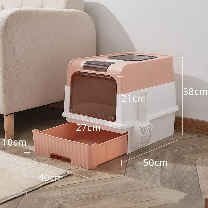 Portable Collapsible Cat Litter Pan with Splash Guard and Plastic Scoop - Pet Litter Box with Lid, Easy to Clean and Assemble